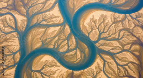 Photos Aerial view of a winding river with tributaries flowing through a dry landscape