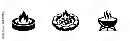 Cuadro en lienzo Icons representing outdoor fire elements: fire pit, campfire, grill