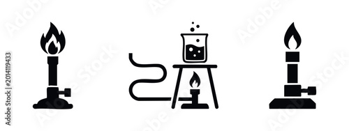 Photos Icons depicting scientific heating equipment: Bunsen burner and beaker
