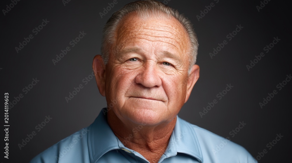 Fototapeta premium Portrait of a Mature Man with a Calm Expression Wearing a Blue Shirt Against a Dark Background, Emphasizing Wisdom and Experience in Life