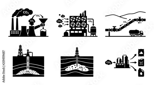 Tableau sur toile Carbon Capture and Storage Icons, Industrial CO2 Emissions Management Vector Set