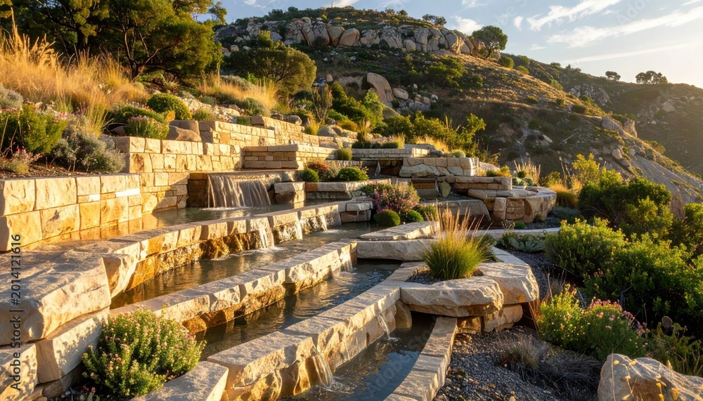 Obraz premium Cascading Limestone Terraces with Water Features on a Sunlit Hillside Landscape