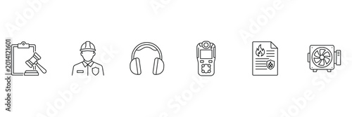 Industrial safety and compliance line icon set featuring legal gavel worker helmet earmuffs gas detector fire prevention document and ventilation fan vector illustration.
