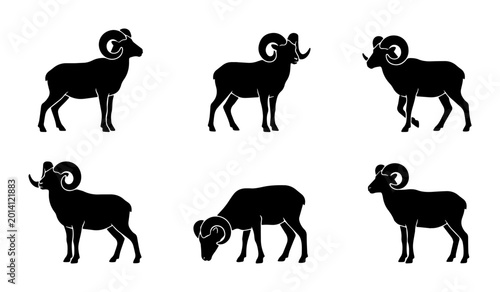 Vászonkép Ram Silhouette Collection, Bighorn Sheep Vector Icons, Mountain Animal Graphics,
