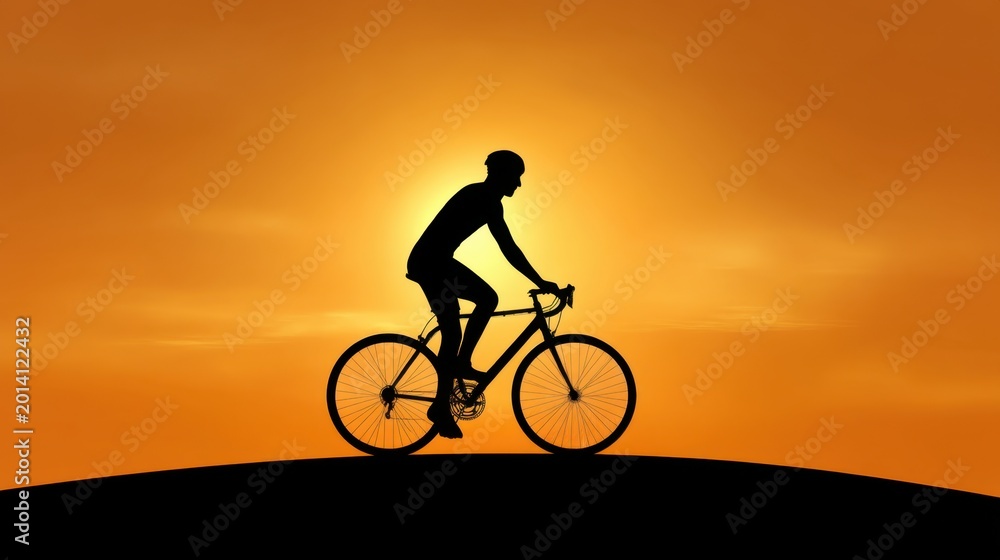 Obraz premium Silhouette of a Cyclist Riding a Bicycle Against a Bright Orange Sunset in a Tranquil Landscape with Rolling Hills and Calm Atmosphere