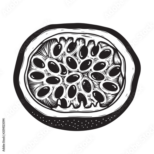 Hand drawn ink sketch of a sliced passion fruit