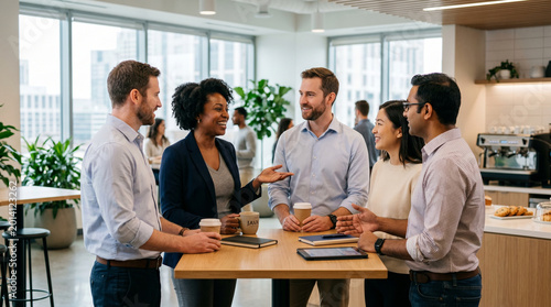 Diverse Coworkers Socializing During Coffee Break in Modern Office Kitchen