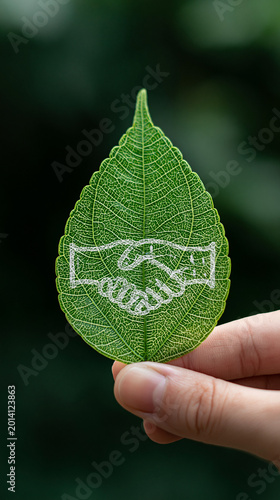 Conceptual vertical image of a hand holding a green leaf with a handshake symbol etched on it, representing environmental partnership, eco-friendly business deals, sustainable cooperation, and natu...