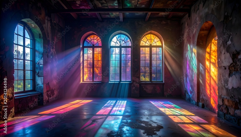 Obraz premium Ruined room filled with light streaming through vibrant arched windows