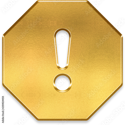 Foto Shiny 3D golden exclamation mark in octagon for stop and warning sign