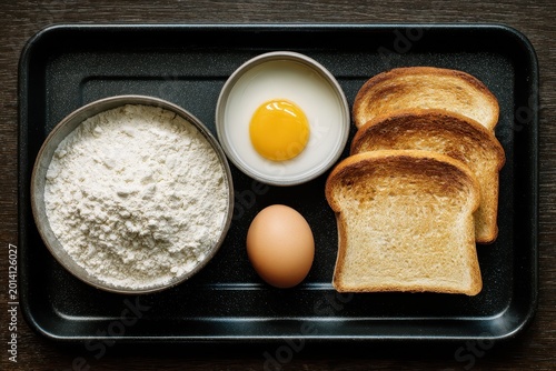 ingredients for making toast on a black tray, including flour, egg, and sliced bread, ready to cook