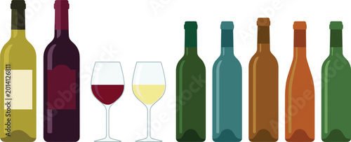Bild auf Leinwand Assorted wine bottles and glasses with liquid in a row during a clean studio pre