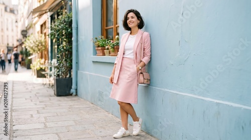 Free Download A woman wearing a pink outfit standing against a blue wall on a sidewalk fashion style background, download 2026 2027, 2028 event template, 4k download - GFXLoad
