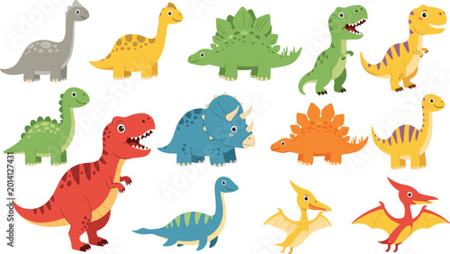 Tableau sur toile Cute Cartoon Dinosaur Mega Collection Set — Funny Baby T-Rex, Stegosaurus, Trice