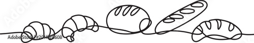Classic French croissant in one line art style. Drawing of a pastry or breakfast item with editable black stroke One Line Drawing Illustration