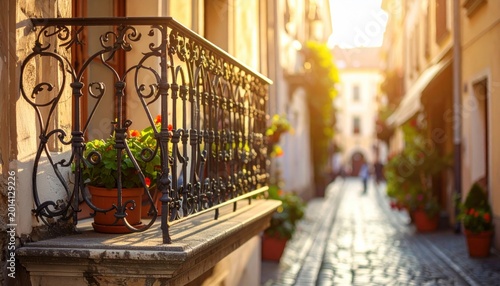 Ornate wrought iron balcony railing overlooking a sunlit European cobblestone street in golden hour light