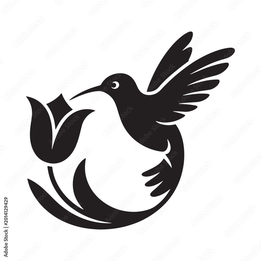 Fototapeta premium Hummingbird and flower silhouette on a white background