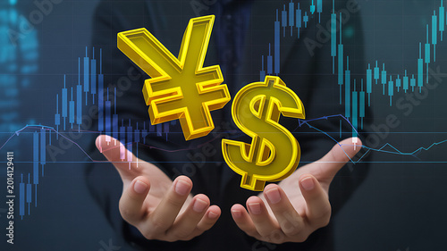 Yen and dollar currency symbols in hands with stock market chart background.