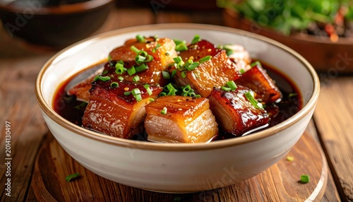 Tender braised pork belly glistening with savory sauce, garnished with fresh chives, served in a ceramic bowl