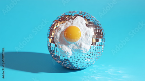 Surreal fried egg with golden disco ball mirror textures on blue background
