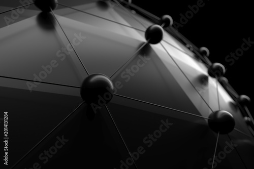Cuadro en lienzo Black geodesic sphere with connected nodes and glossy triangular panels for technology banner and network visualization