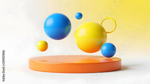 Colorful 3d spheres arranged on wooden pedestal against yellow background