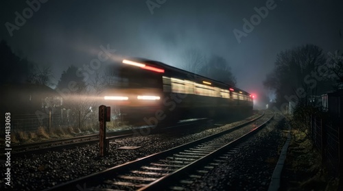 Train in Motion at Night Night Motion Fog Landscape Transportation Railway Blur. Concept featuring night, motion, fog, landscape, transportation for professional commercial design.