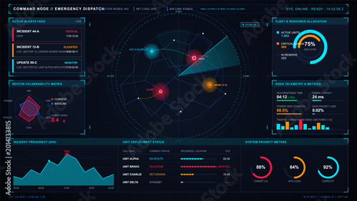 Foto Futuristic emergency dispatch dashboard interface with radar map, alert feed, re