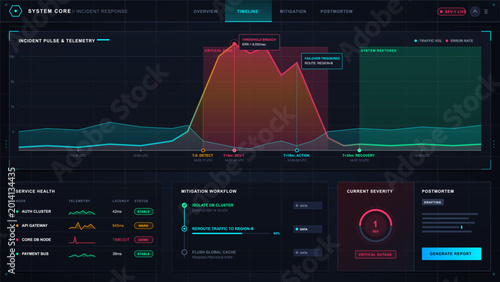 Schilderij op canvas Dark incident response dashboard interface with telemetry timeline chart, servic
