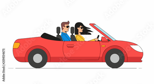 Couple enjoying a ride in a red convertible car on a sunny day