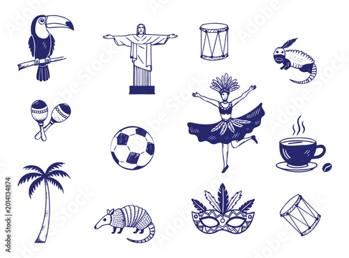 Hand Drawn Brazilian Culture Doodle Set with Rio de Janeiro Carnival Elements, Samba Dancer, Christ the Redeemer, Sugarloaf Mountain, Musical Instruments, Tropical Icons, and Traditional Symbols,
