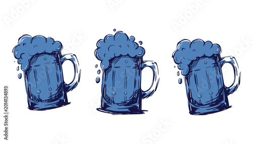 Set of beer elements in doodle style. Vector illustration. Linear collection of Glasses of beer, bottles of beer and beer snacks.