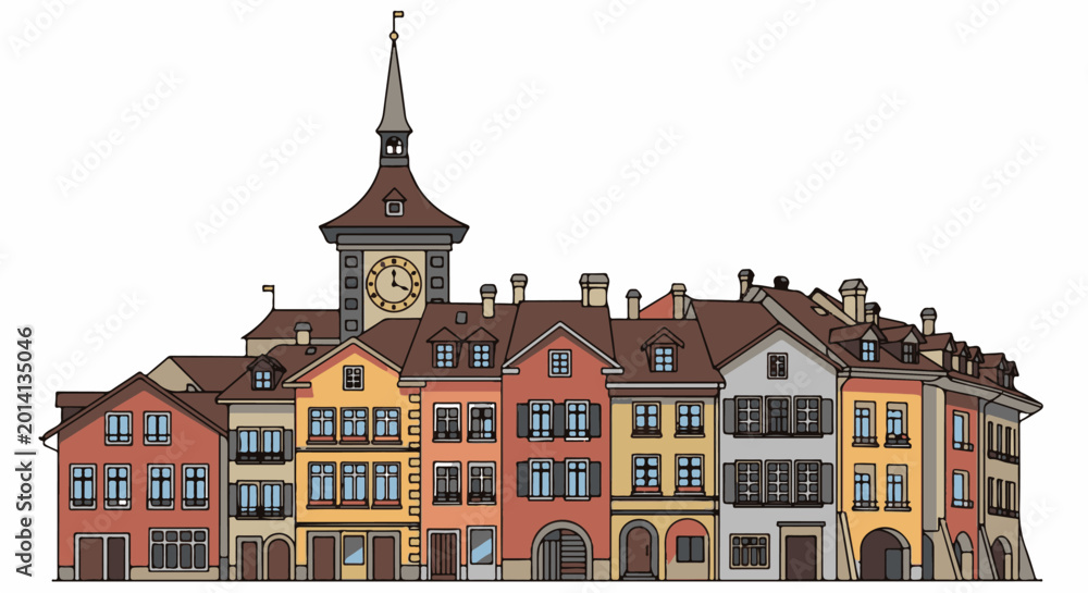 Obraz premium Colorful row of European buildings with a clock tower