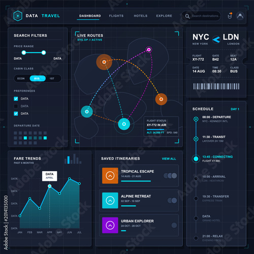 Canvastavla Futuristic dark travel dashboard interface with live route map, search filters,