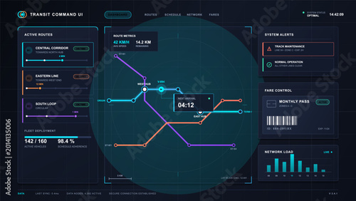 Canvastavla Dark transit command dashboard interface with active route cards, central networ