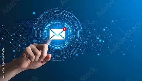 Digital mail Hand points at envelope icon, notifications, techy blue background