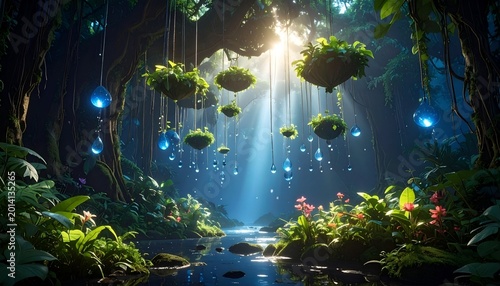 Lush jungle scene, hanging plants and glowing blue orbs over a tranquil stream