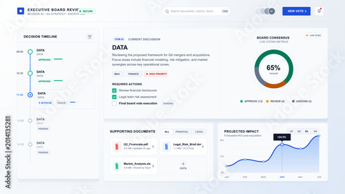 Canvastavla Light executive board review dashboard interface with decision timeline, voting