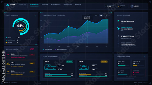 Tableau sur toile Dark fleet management dashboard interface with readiness gauge, telemetry chart,