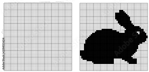 Nonogram puzzle series with numbered clues and pixel art solutions. Clean vector illustration for brain teasers, activity books, and printable worksheets