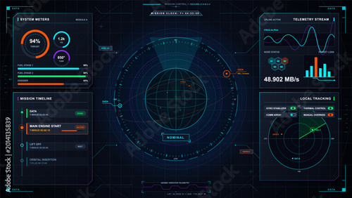 Photos Futuristic dark mission control interface with orbital radar display, system met