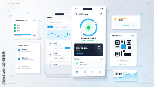 Tableau sur toile Light mobile verification app dashboard vector interface with safety status, app