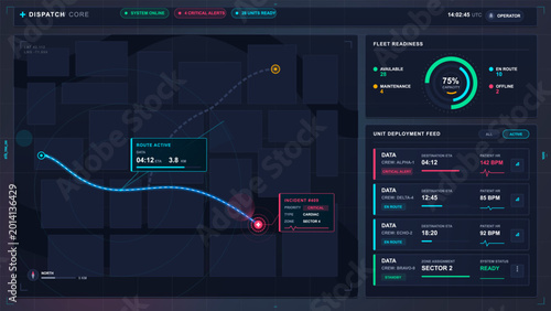 Foto Dark emergency dispatch dashboard interface with active route map, cardiac incid