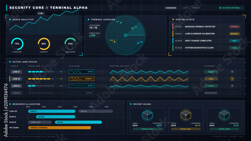 Schilderij op canvas Dark security terminal dashboard interface with queue analytics, radar overview,