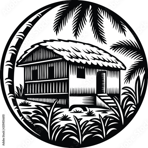 Photos Tropical hut, palm trees, black and white vector, circular illustration, thatche