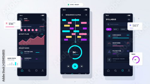 Obraz na płótnie Flat vector mobile app interface mockup with three smartphone screens showing analytics charts, music sequencer controls, and lesson cards