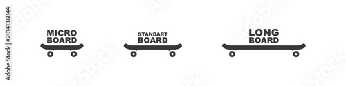 Obraz na płótnie Skate boards sizes vector icon set with micro, standard, and long boards