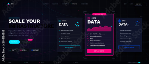 Bilde på lerret Dark futuristic SaaS pricing landing page interface with infrastructure headline, plan cards, telemetry features, charts, and deploy buttons