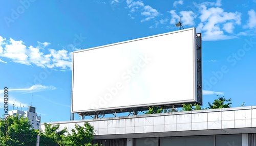 Blank billboard against blue sky with scattered clouds, elevated