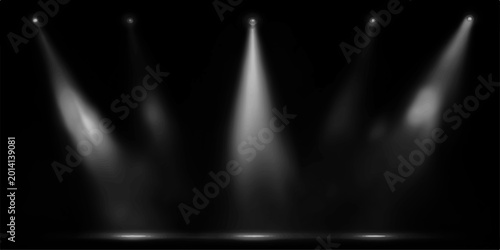 Quadro su tela Powerful spotlights illuminate the stage, casting beams of light and creating a dramatic atmosphere, perfect for highlighting a subject or performance
